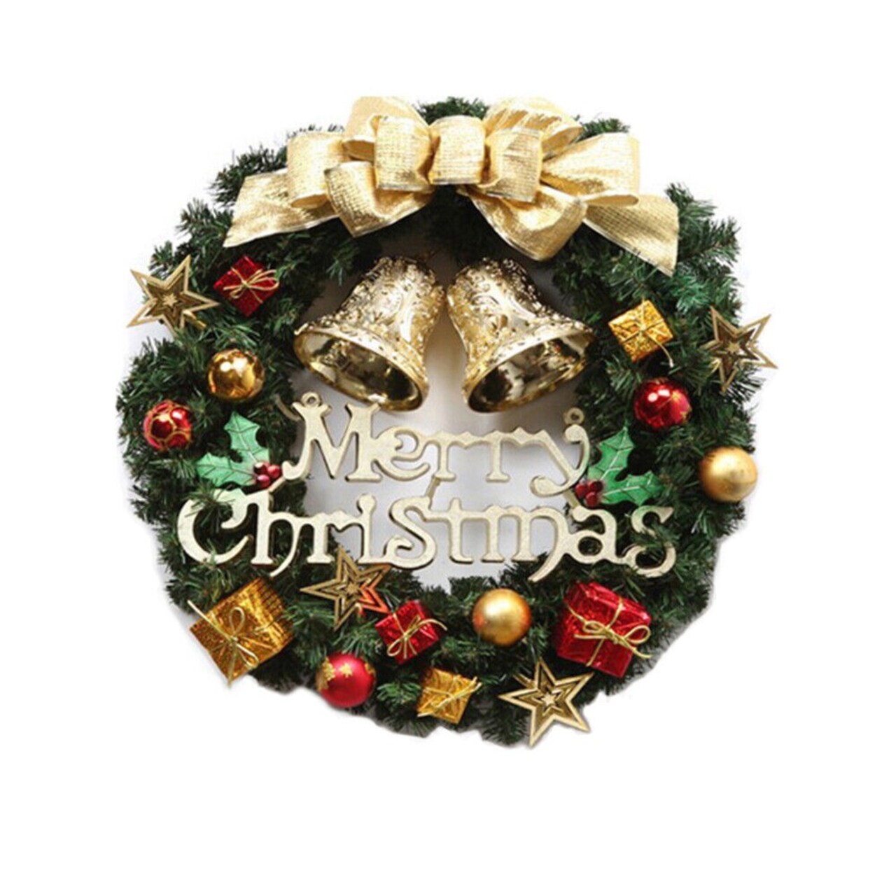 12-Inch Christmas Wreath Wall Hanging with Tree Garland and Bell Decor
